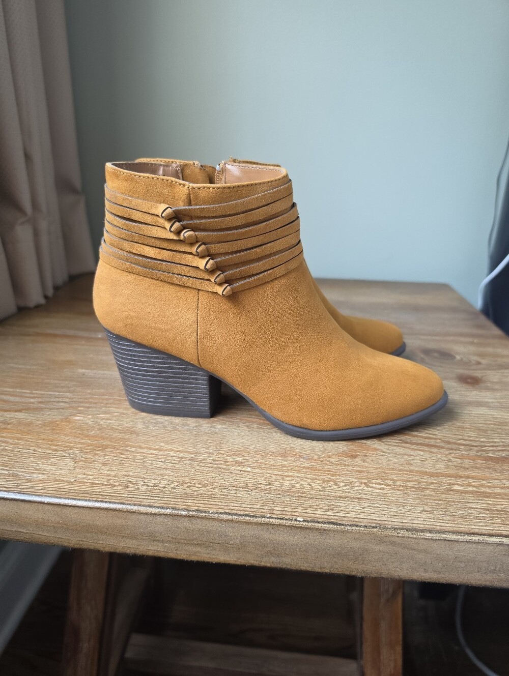 Women's 8 Tan Suede Ankle Booties with Stacked Heel